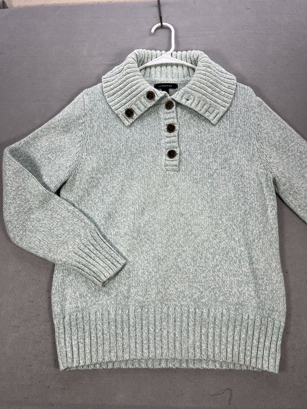 Lands End Womens Large 14-16 Cotton Pullover Sweater Button Collar Aqua Blue
